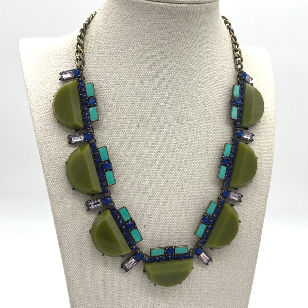 BaubleBar Statement Necklace Olive Green Turquoise Geometric Bib Bronze Tone 21"